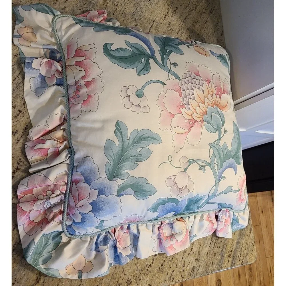 Vintage Waverly Shumacher Floral Decorative Pillow Ruffled Piping About 22